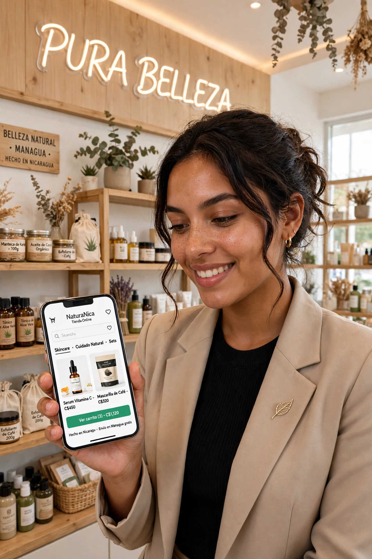 Emprendedora nicaragüense mostrando una tienda online