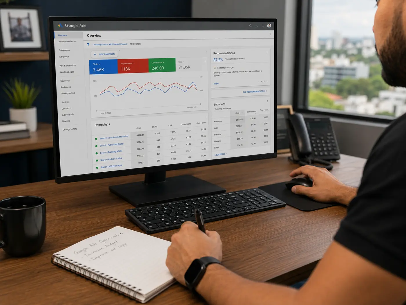 Steev Vado optimizando una campaña de Google Ads para Nicaragua